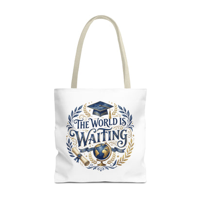 Graduation Tote Bag – "The World Is Waiting" Cap & Globe Design