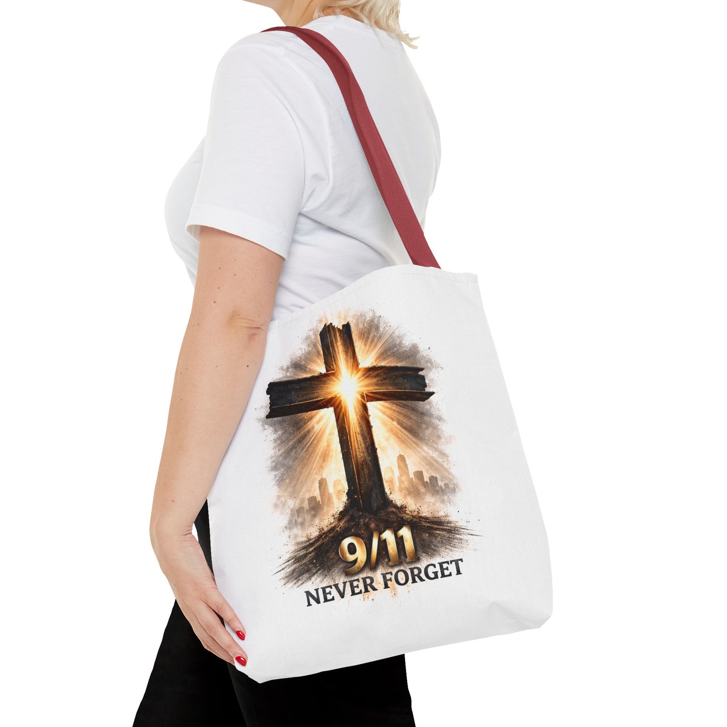 9/11 Never Forget Cross Memorial Tote Bag — Patriotic Remembrance Shopper