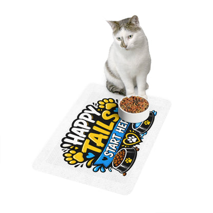 Pet Food Mat — "Happy Tails Start Here" Non-Slip Feeding Mat (12x18)