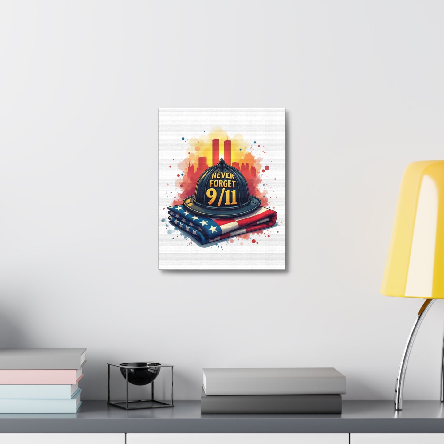 Never Forget 9/11 Stretched Canvas – Memorial Firefighter Helmet & American Flag Wall Art