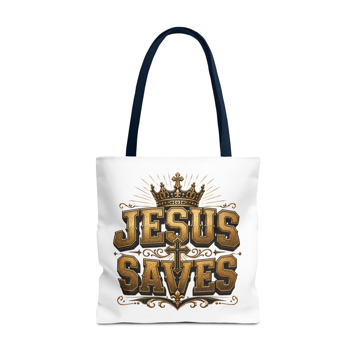 Jesus Saves Tote Bag — Christian Gospel Canvas Carryall with Crown & Cross Design