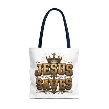 Jesus Saves Tote Bag — Christian Gospel Canvas Carryall with Crown & Cross Design