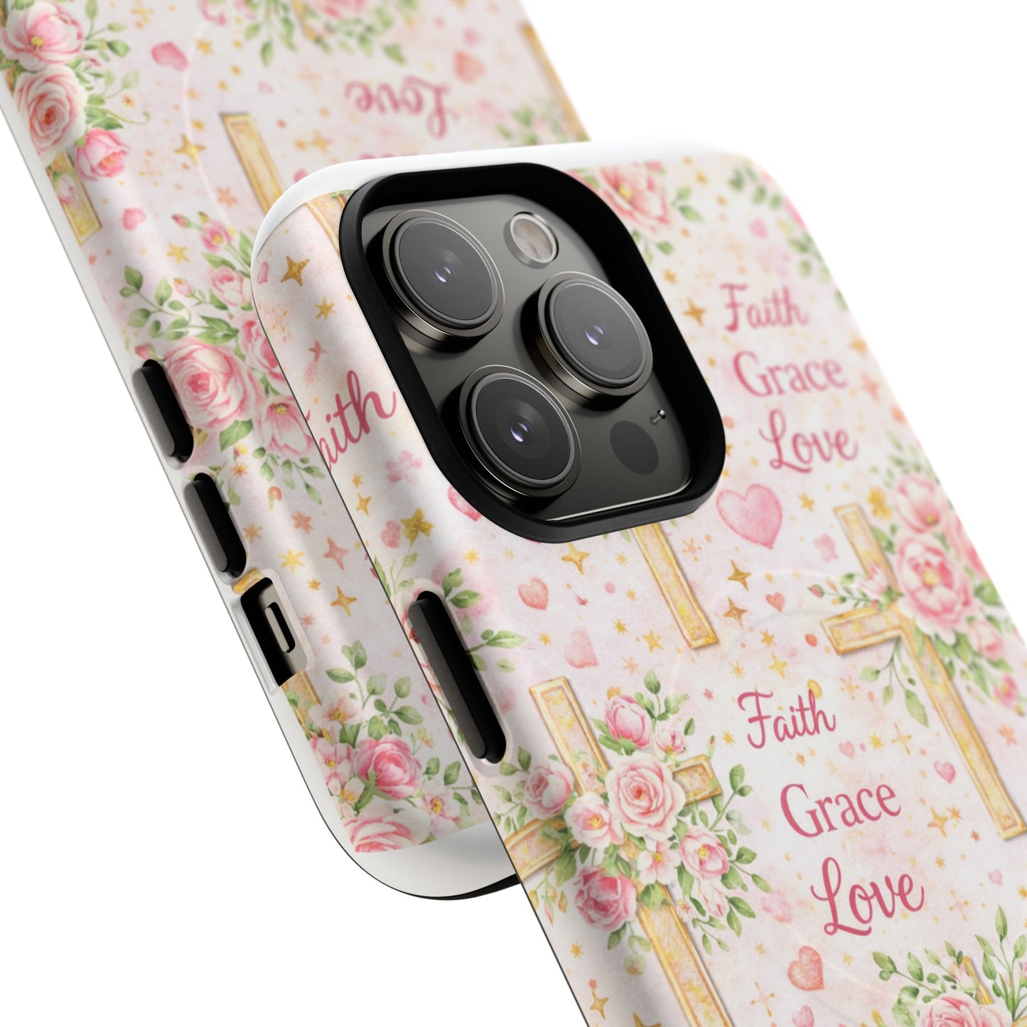 Christian Floral Cross Phone Case — "Faith Grace Love" Tough Magnetic Case