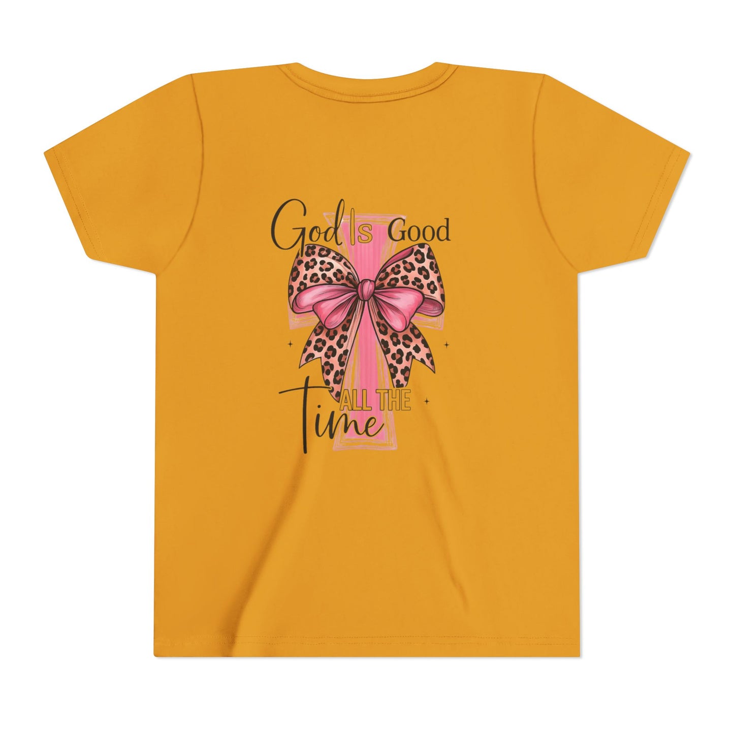 Youth Tee — "God is Good All the Time" Pink Cross with Leopard Bow