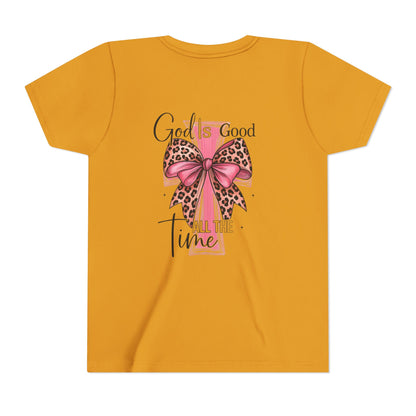 Youth Tee — "God is Good All the Time" Pink Cross with Leopard Bow