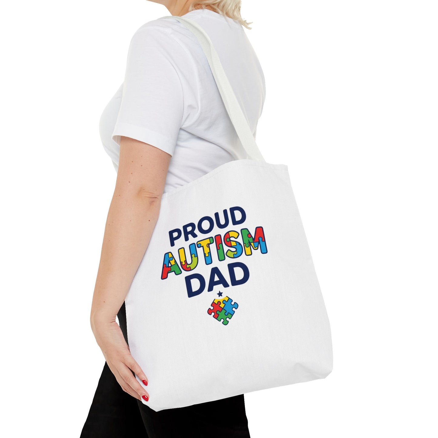 Proud Autism Dad Tote Bag — Colorful Puzzle-Heart Support Gift
