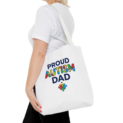 Proud Autism Dad Tote Bag — Colorful Puzzle-Heart Support Gift