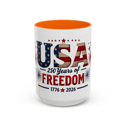 USA 250 Years of Freedom Accent Coffee Mug – 1776–2026 Patriotic Fourth of July Gift