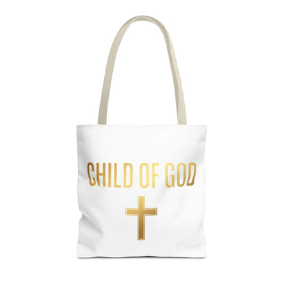 Child of God Tote Bag — Gold Cross Religious Canvas Tote