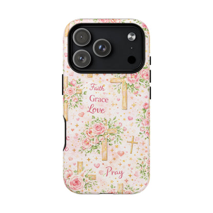 Faith Grace Love Tough Magnetic Phone Case — Floral Cross Protective Cover