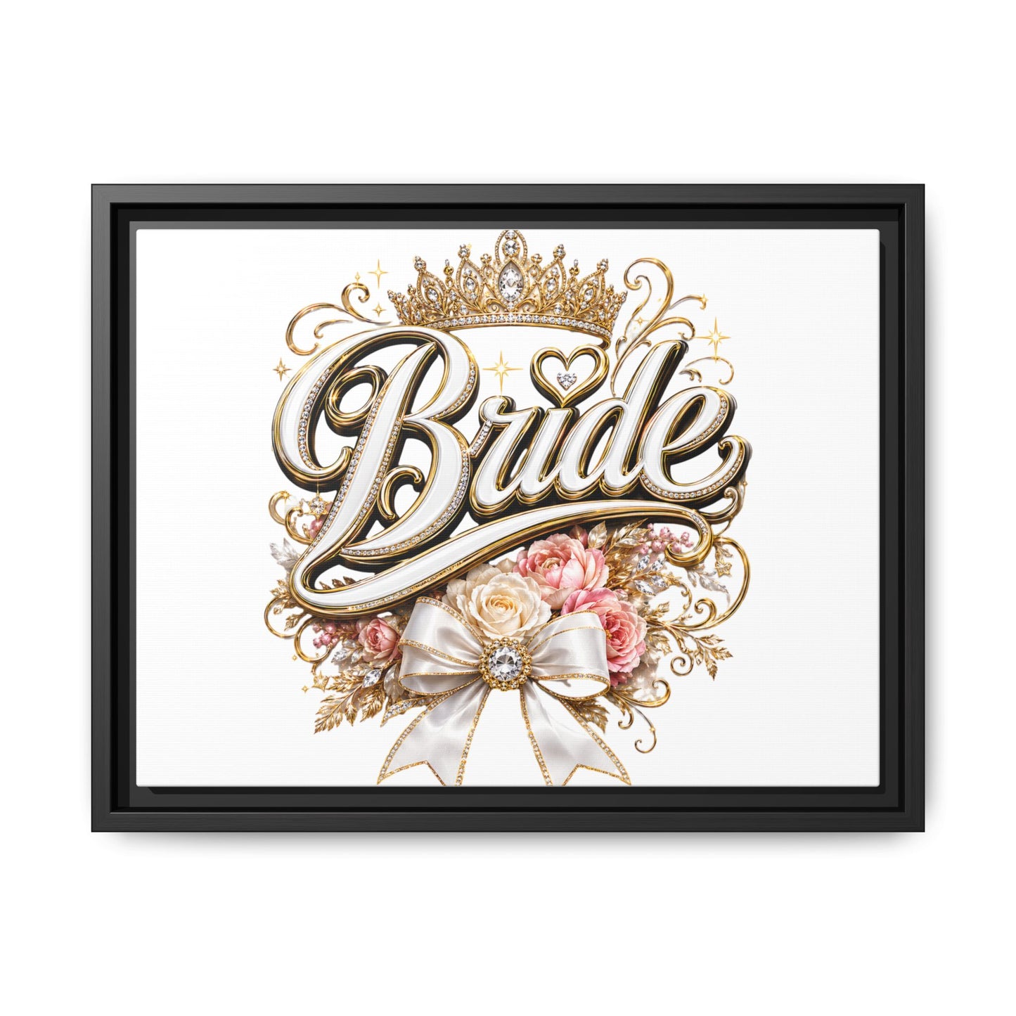 Framed Bride Canvas Wall Art — Elegant Bridal Crown & Floral Wedding Decor