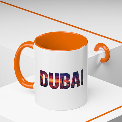 Dubai Skyline Accent Coffee Mug — Sunset City Photo Text (11/15oz)