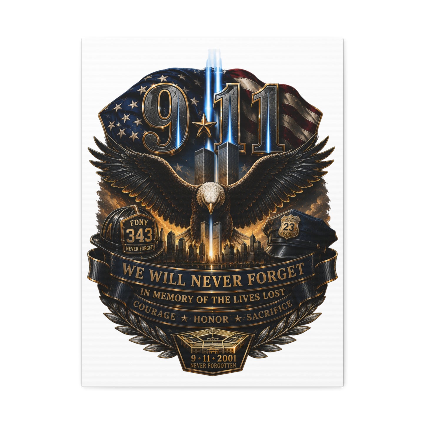 9/11 Memorial Stretched Canvas – We Will Never Forget Tribute Wall Art