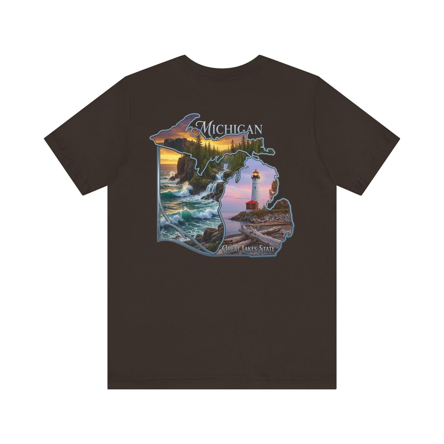 Michigan Scenic Map T-Shirt — Great Lakes Lighthouse Sunset Tee