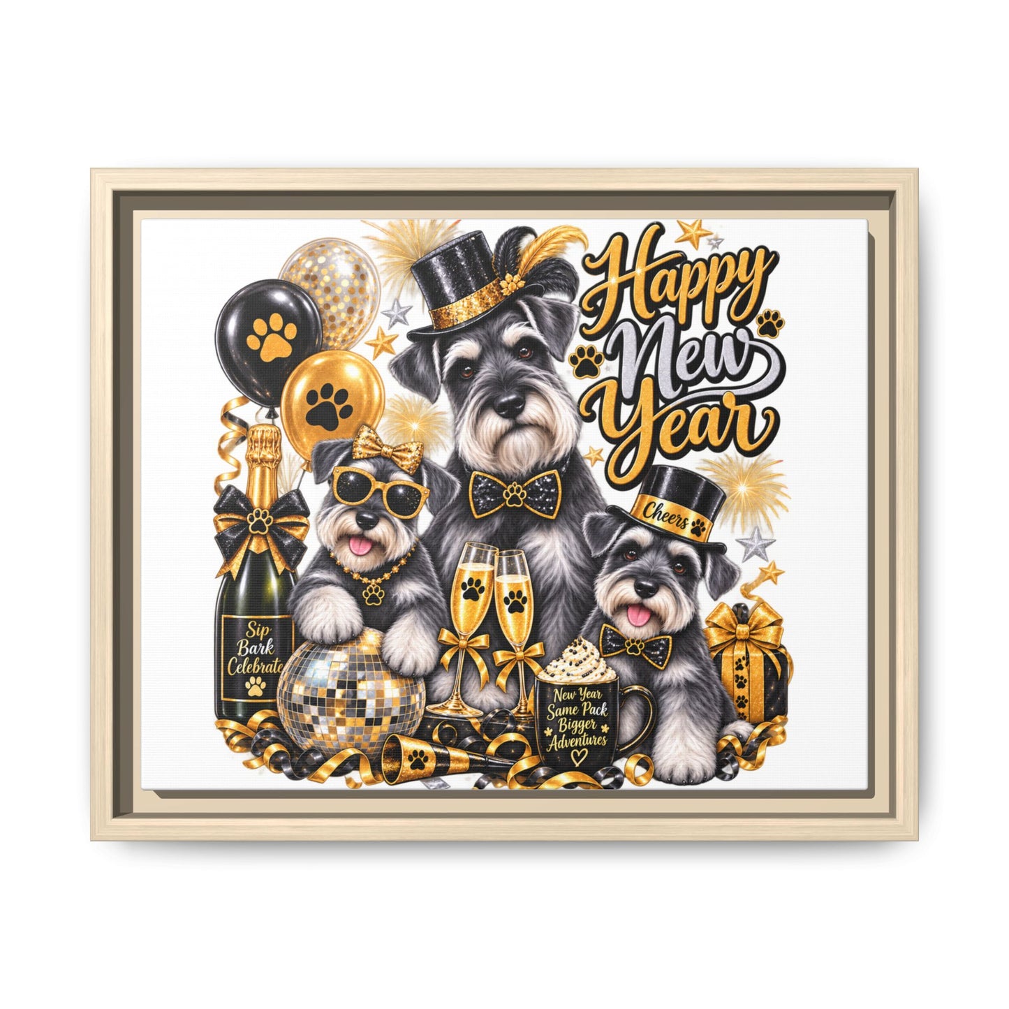 Happy New Year Schnauzer Holiday Canvas Print — Framed Matte Wall Art