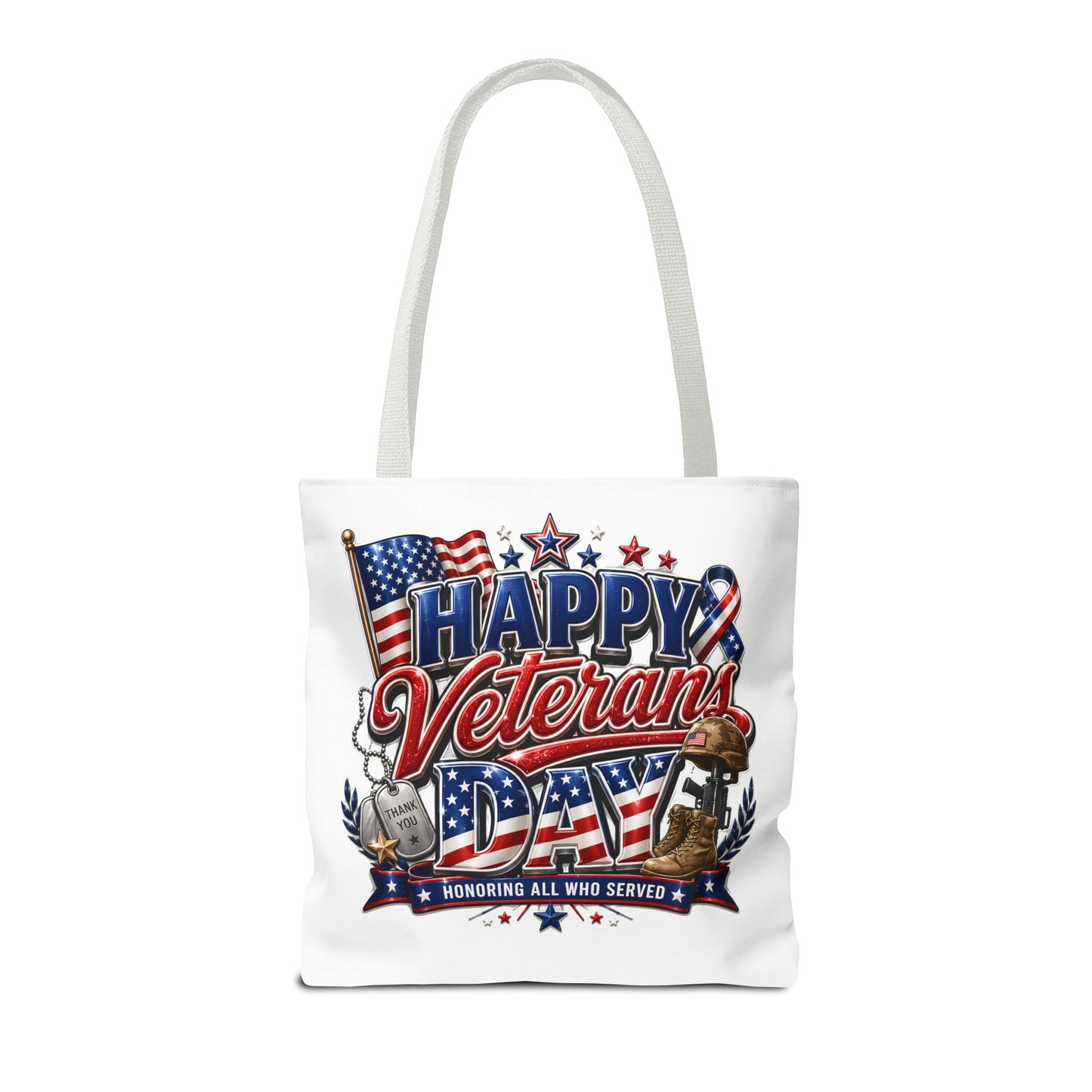 Veterans Day Tote Bag — "Happy Veterans Day" Patriotic All-Over Print