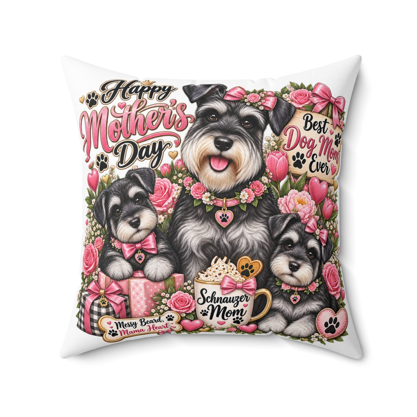 Mother’s Day Schnauzer Pillow — "Happy Mother’s Day" Dog Mom Decorative Throw Pillow