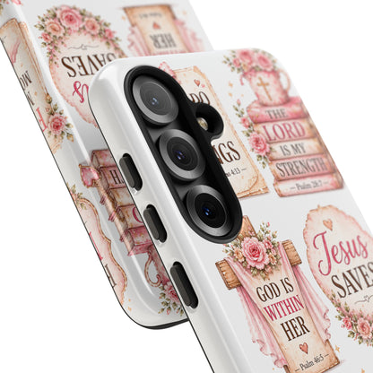 Christian Phone Case — Jesus Saves Floral Tough Case with 'God Is Within Her' & 'Trust God' Design