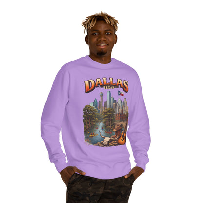 Dallas Skyline Crewneck Sweatshirt — Texas Cityscape & Acoustic Guitar Design