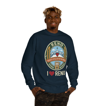 I  Reno Sweatshirt — Vintage Reno Nevada Mountain Badge Crewneck
