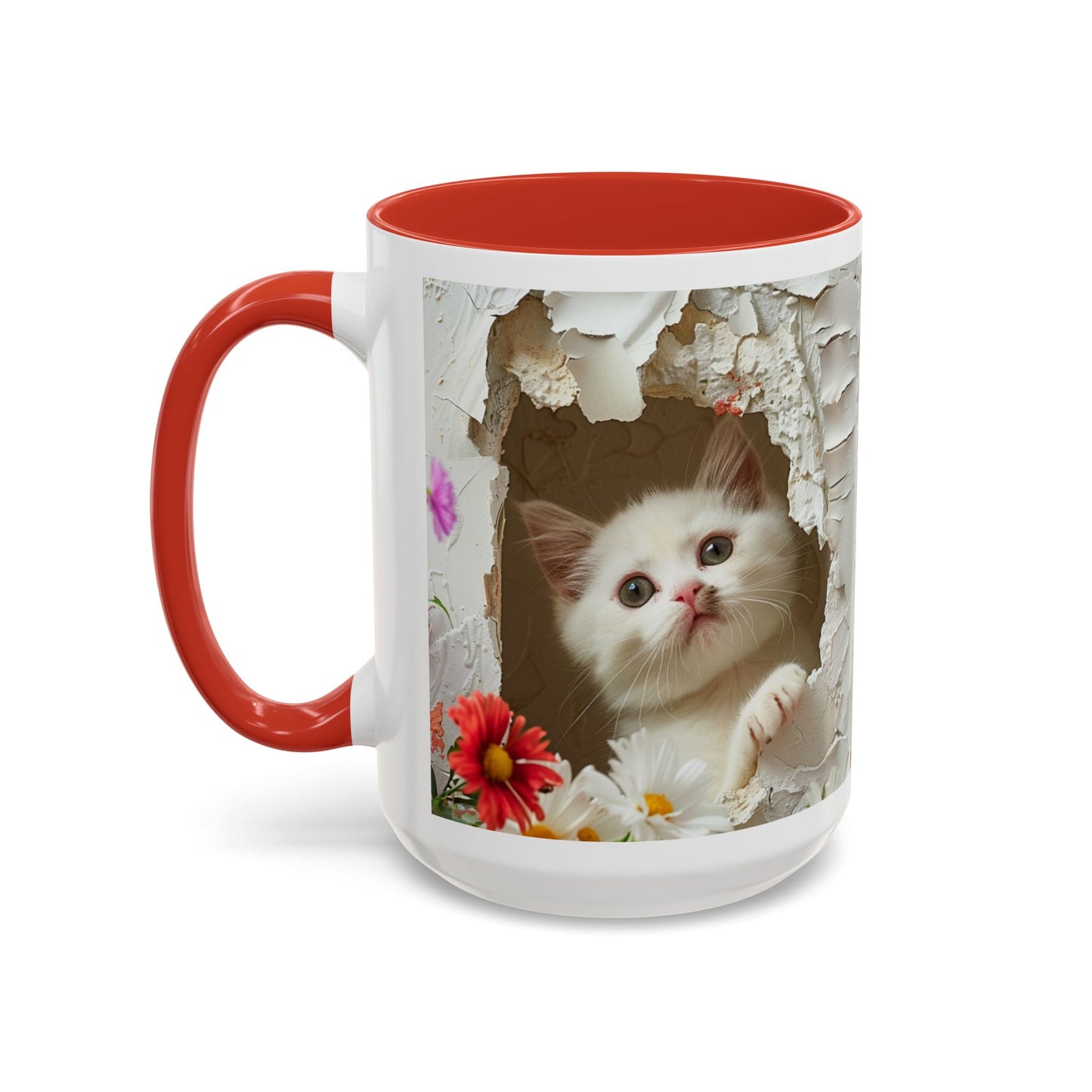 Peek-A-Boo Kitten Accent Coffee Mug — Cute Cat Floral Design (11/15oz)