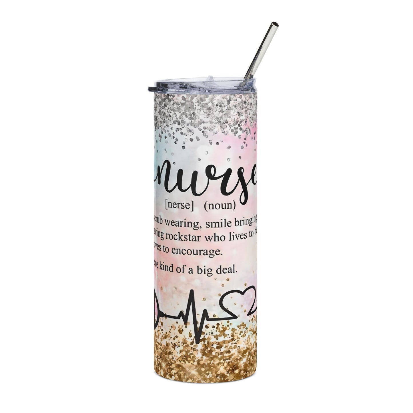 Nurse Definition 20oz Stainless Steel Tumbler — Glitter Heartbeat Travel Cup