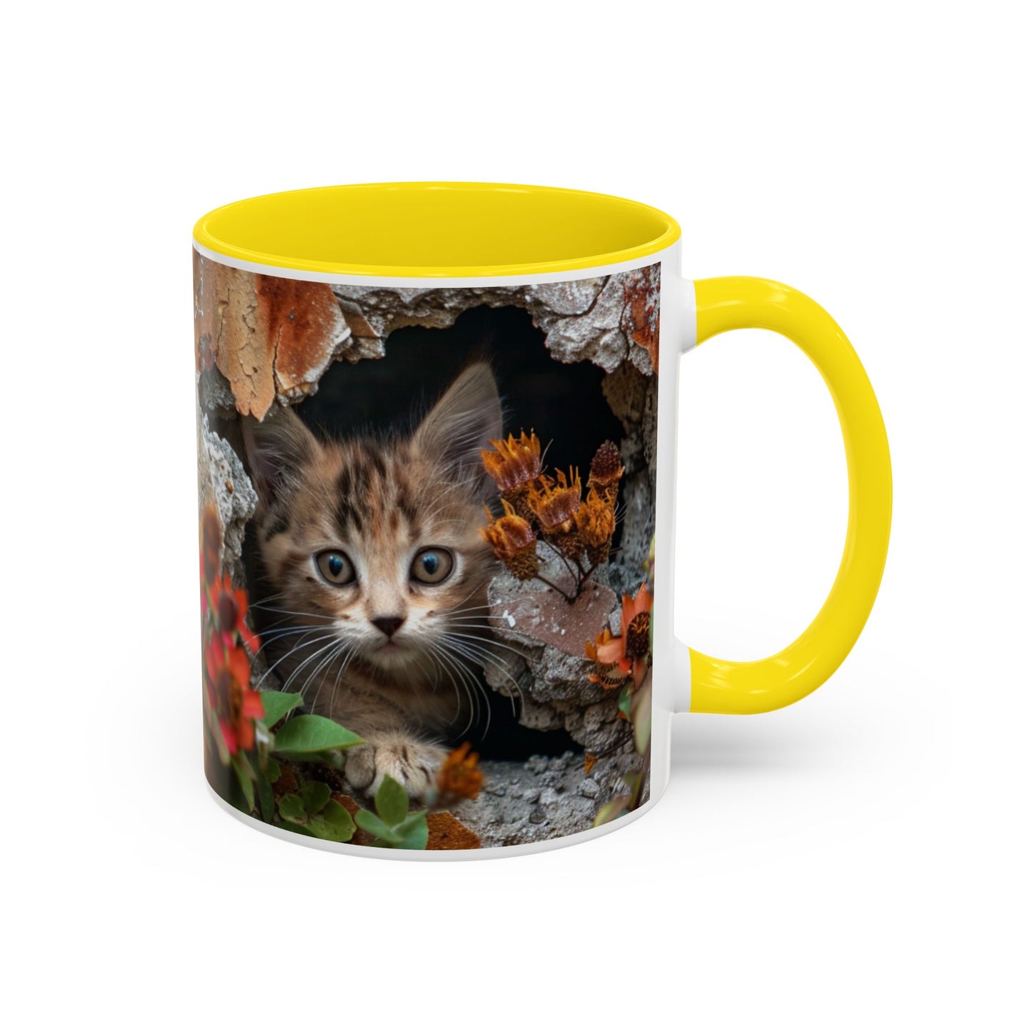 Cute Kitten Peek Accent Coffee Mug — Tabby Cat Floral 11/15oz