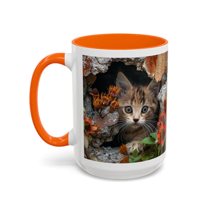 Cute Kitten Peek Accent Coffee Mug — Tabby Cat Floral 11/15oz