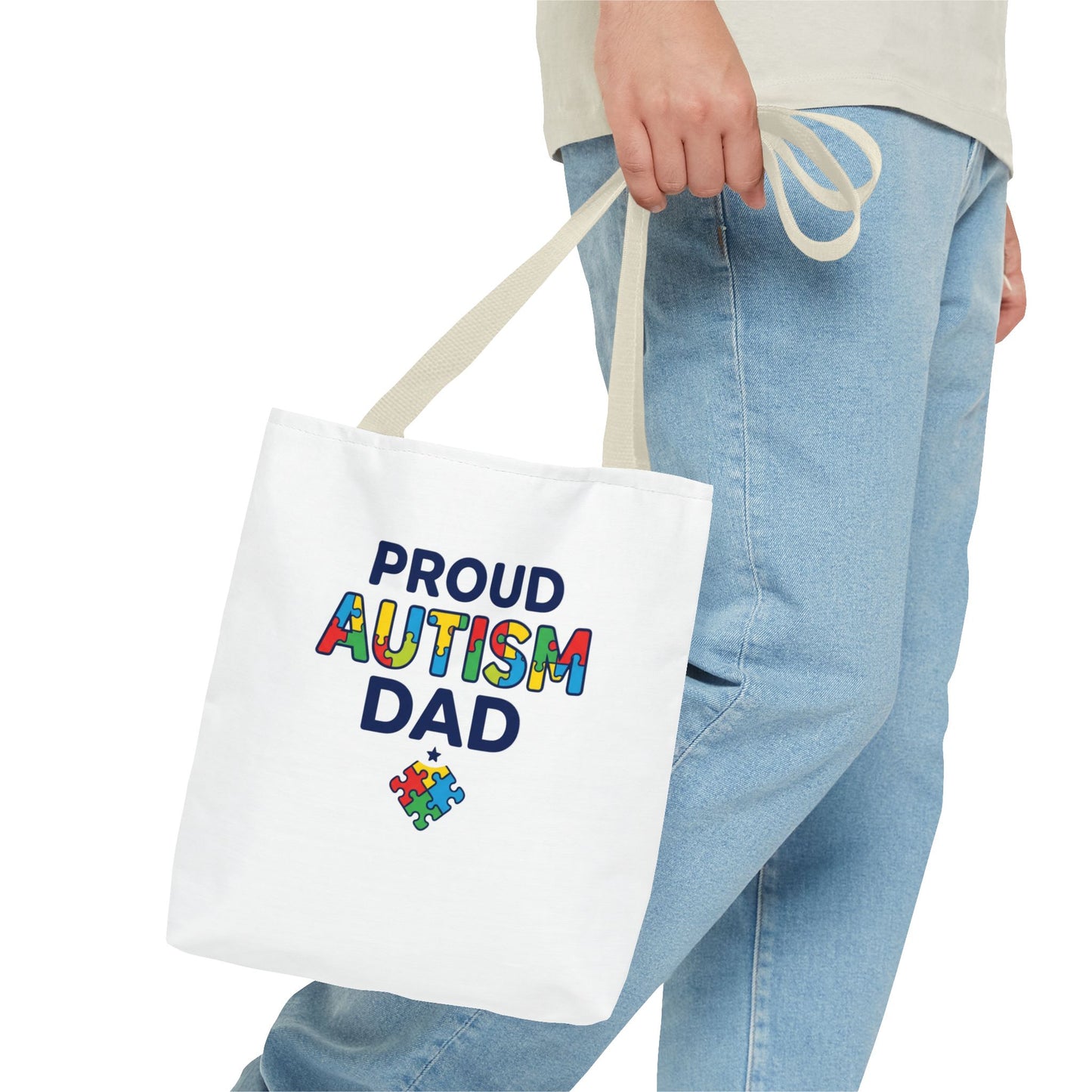 Proud Autism Dad Tote Bag — Colorful Puzzle-Heart Support Gift