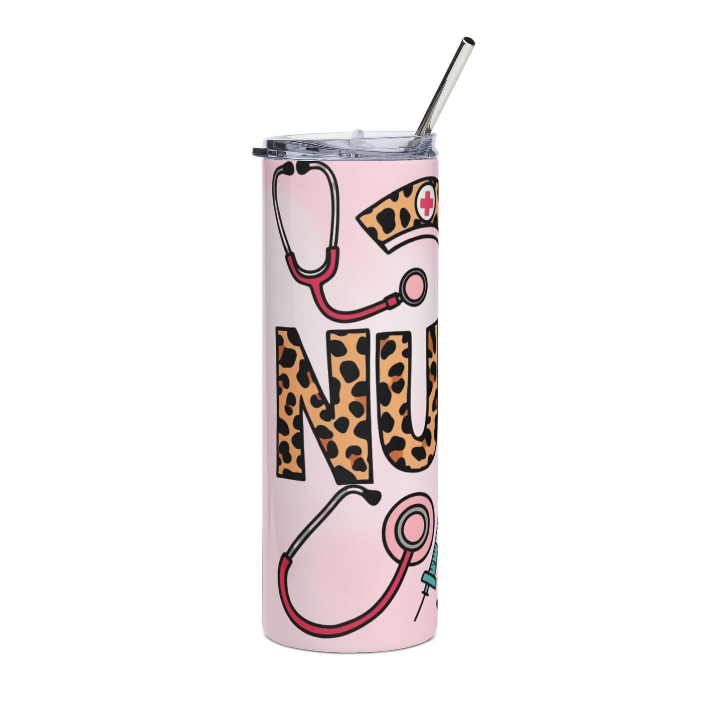 Nurse Leopard Print 20oz Stainless Tumbler – Pink Medical Stethoscope & Syringe Travel Mug