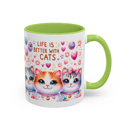 Cat Lover Accent Coffee Mug — "Life Is Better With Cats" Cute Kittens Design (11/15oz)