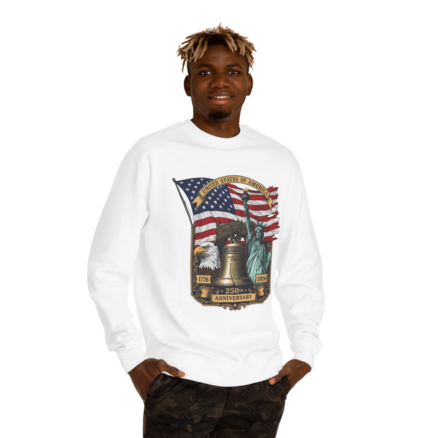 Liberty 250th Anniversary Sweatshirt — American Flag, Liberty Bell & Statue of Liberty Graphic