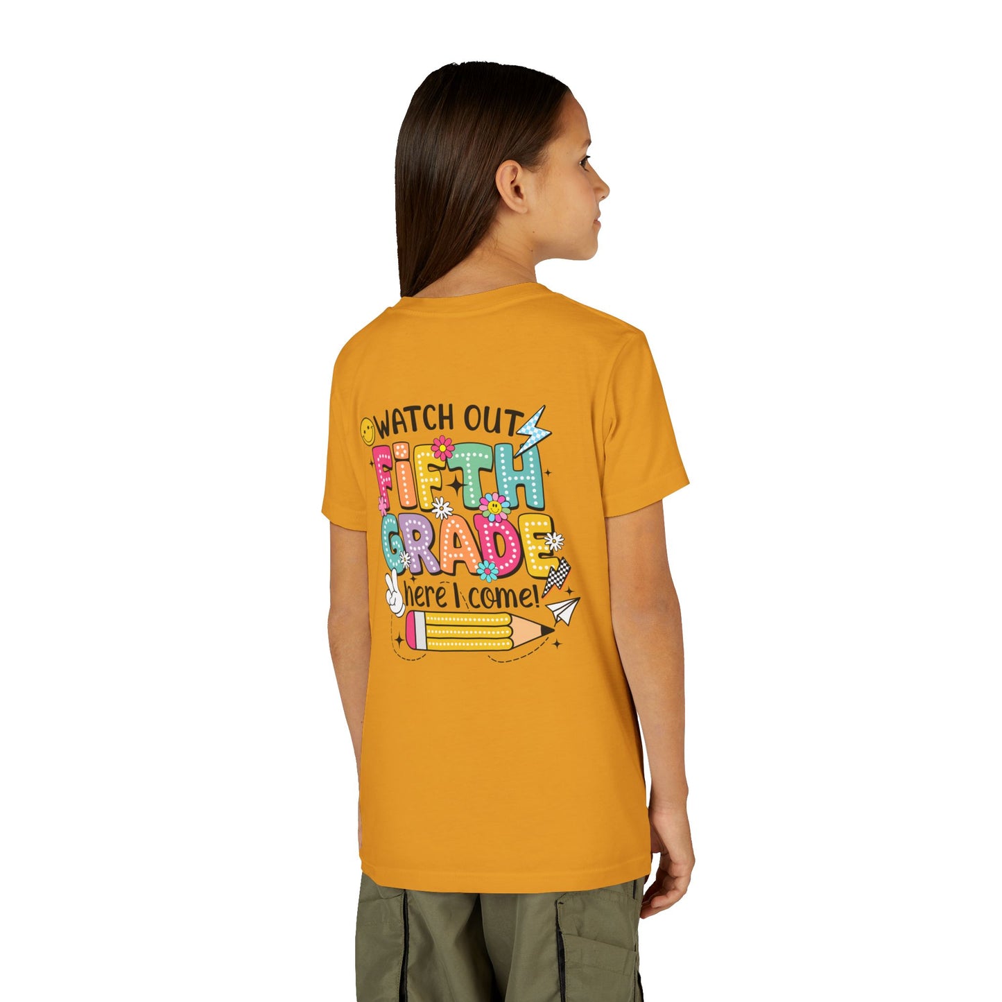Fifth Grade Here I Come Youth Tee — Colorful Back-to-School Kids Shirt