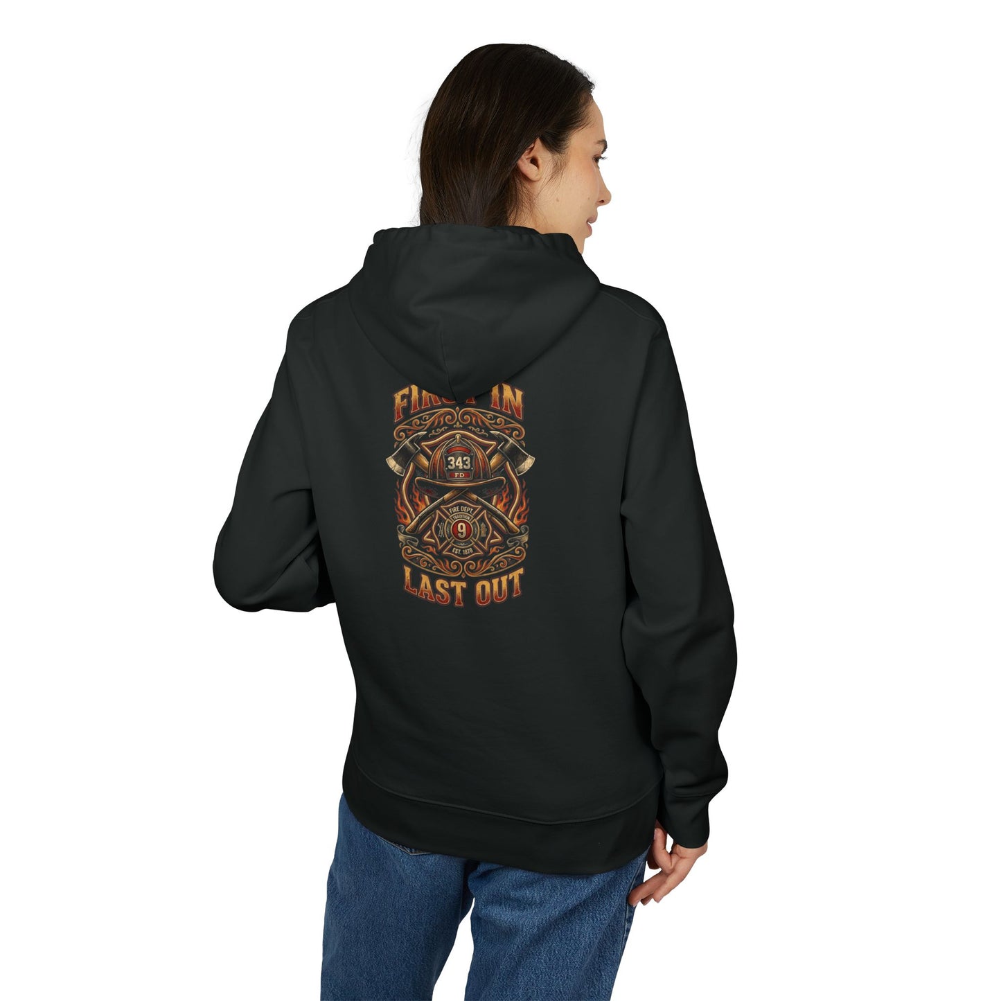 Hoodie — Vintage Firefighter Skull 'In, Up, Last Out' Graphic Pullover