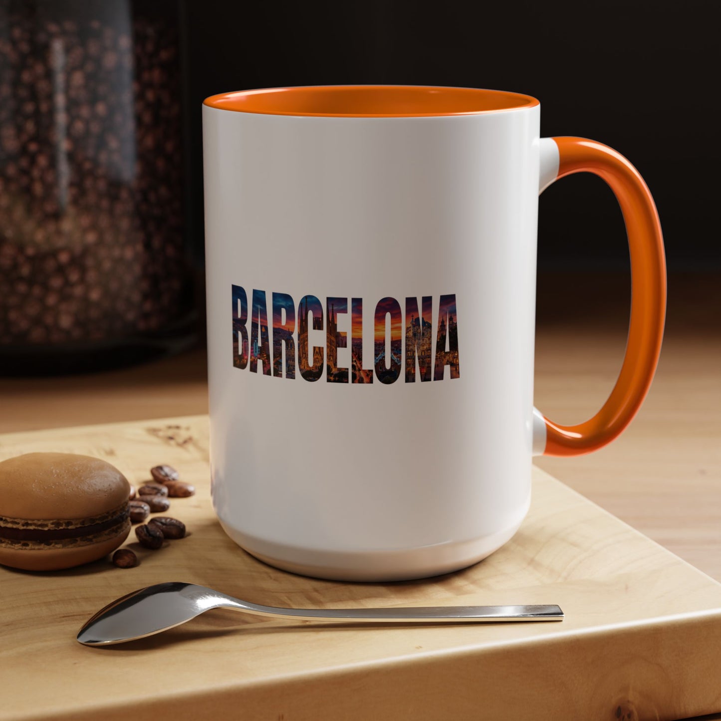Barcelona Accent Coffee Mug — Scenic Cityscape Text Travel Souvenir (11/15oz)