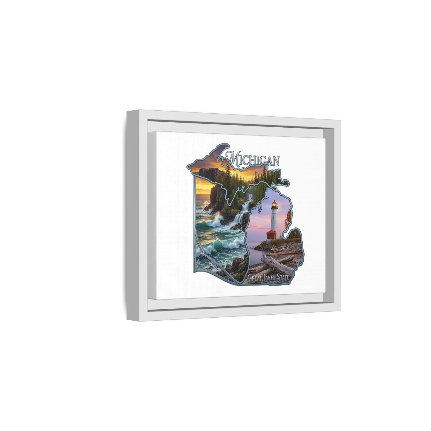 Michigan Framed Canvas Wall Art — Great Lakes State Lighthouse & Shoreline Print
