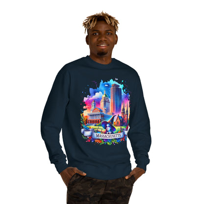 Massachusetts Skyline Crewneck Sweatshirt — Colorful Boston Landmark Graphic