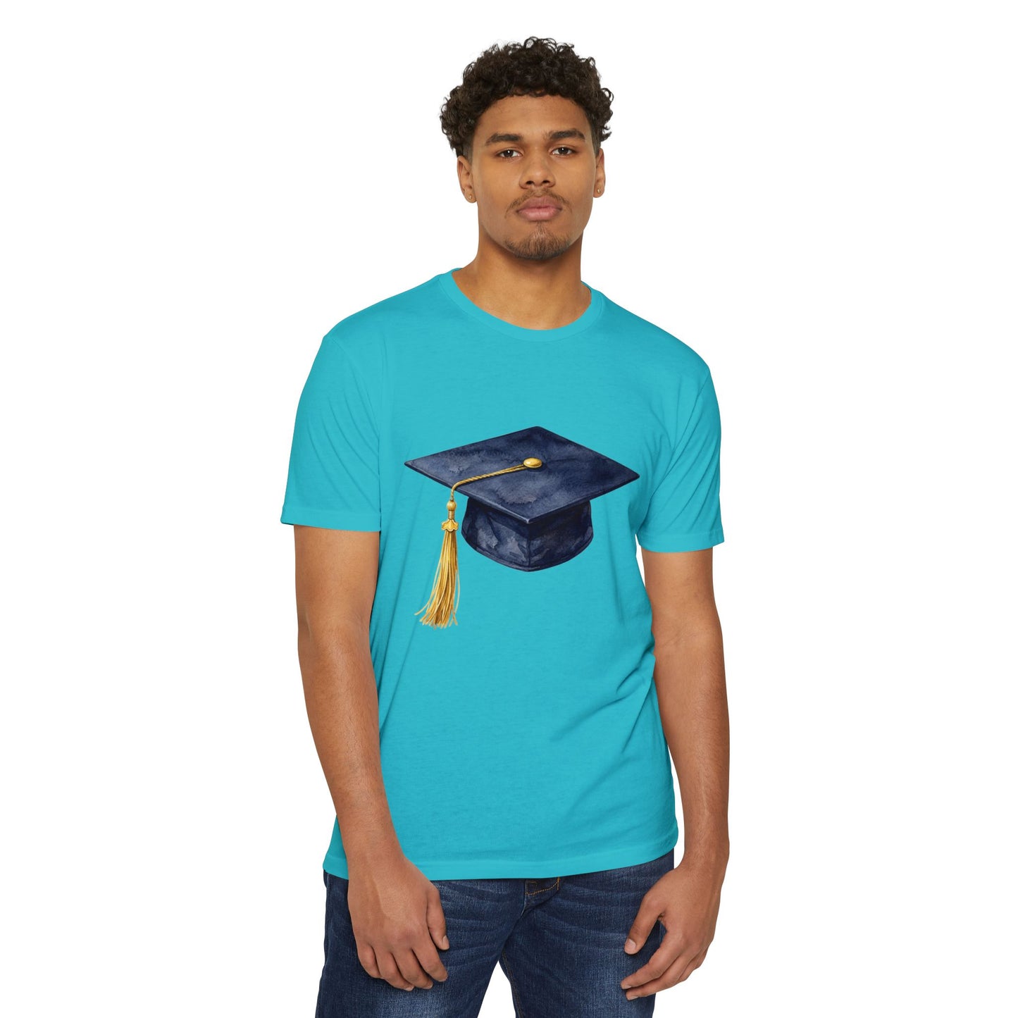 Graduation Cap T-Shirt — Navy Mortarboard with Gold Tassel