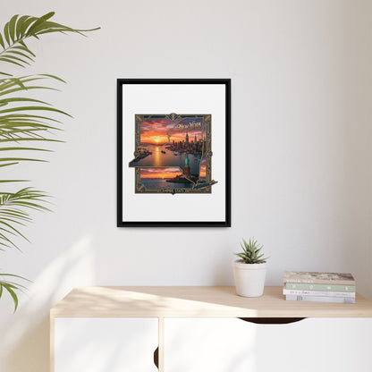 Framed Matte Canvas Wall Art — New York City Sunset Skyline with Statue of Liberty