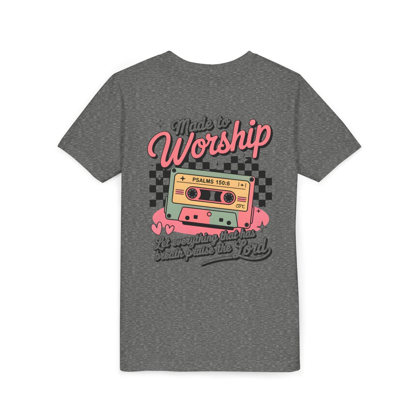 Made to Worship Youth Tee – Retro Cassette Christian Kids Shirt (Psalms 100:4)