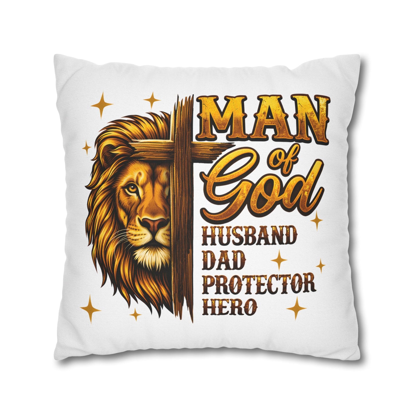 Christian Lion Cross Pillow — "Man of God" Husband Dad Protector Hero Throw Pillowcase