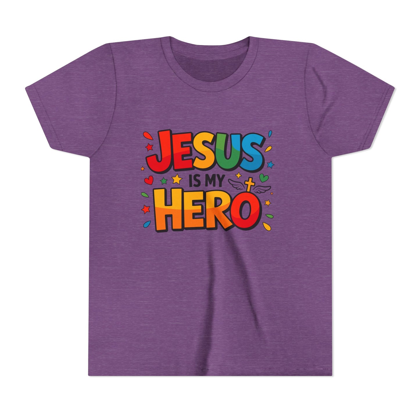 Youth Tee — "Jesus Is My Hero" Colorful Kids Christian T-Shirt