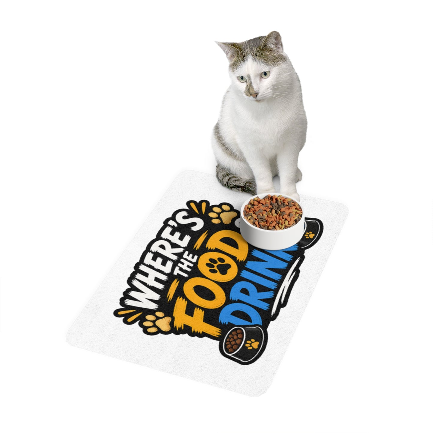 Pet Food Mat — "Where's the Food & Drink?" Non-Slip Feeding Mat (12x18)