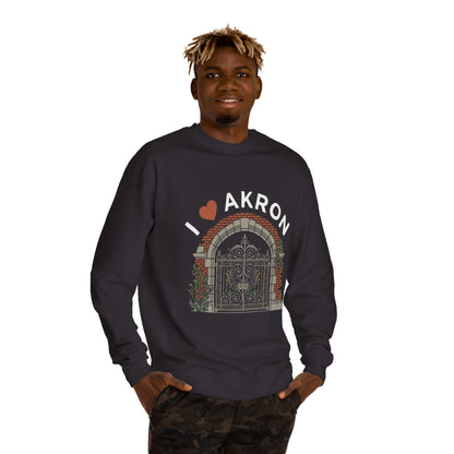I  Akron Crewneck Sweatshirt — Vintage Gate Illustration, City Pride Pullover