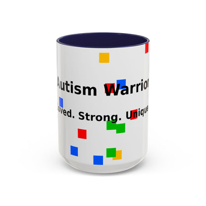 Autism Warrior Accent Coffee Mug – Bold Puzzle Pieces, Proud. Strong. Unique. (11/15oz)
