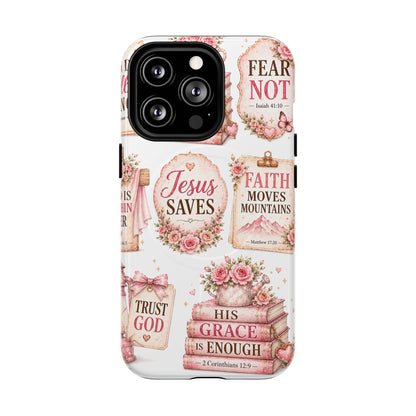 Christian Faith iPhone Tough Magnetic Case — 'Jesus Saves' Floral Scripture Design (Fear Not, Faith Moves Mountains)