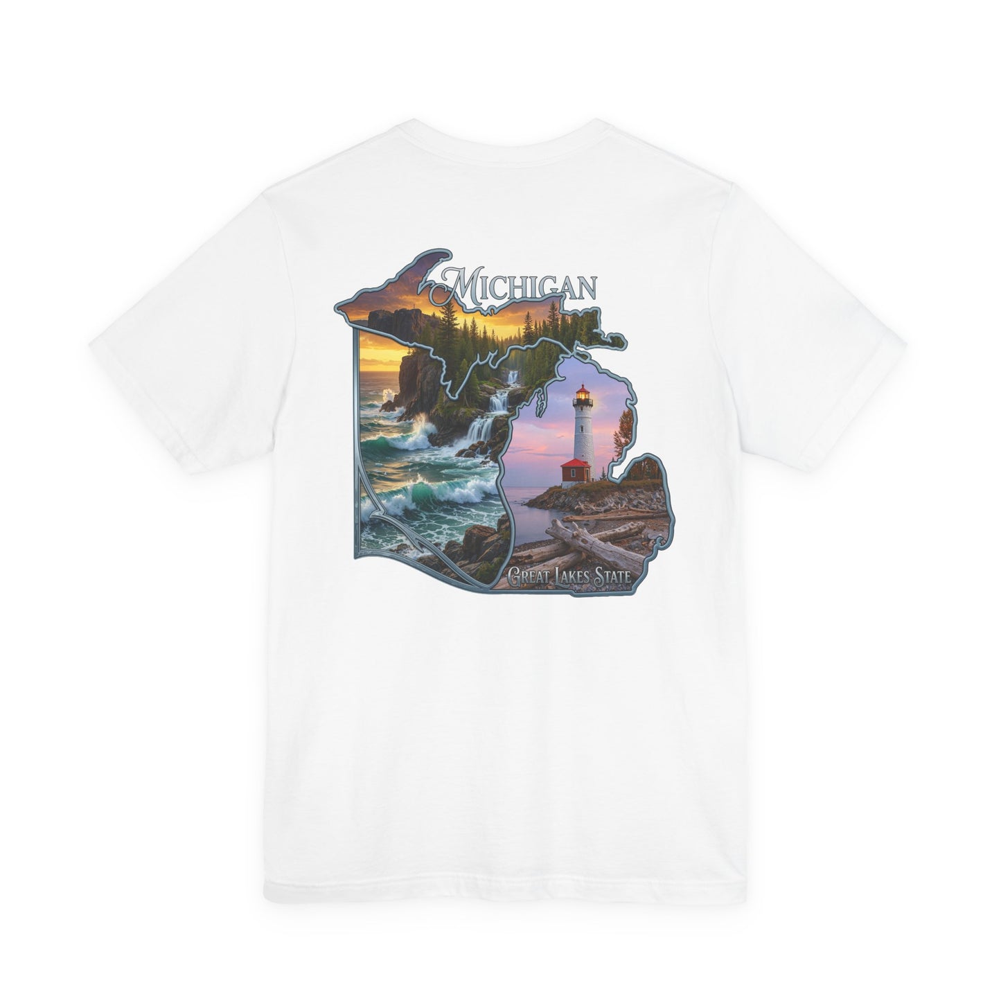 Michigan Scenic Map T-Shirt — Great Lakes Lighthouse Sunset Tee