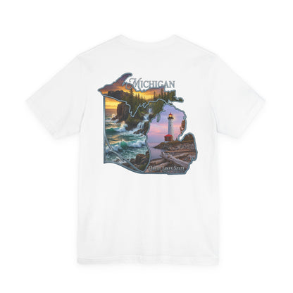 Michigan Scenic Map T-Shirt — Great Lakes Lighthouse Sunset Tee