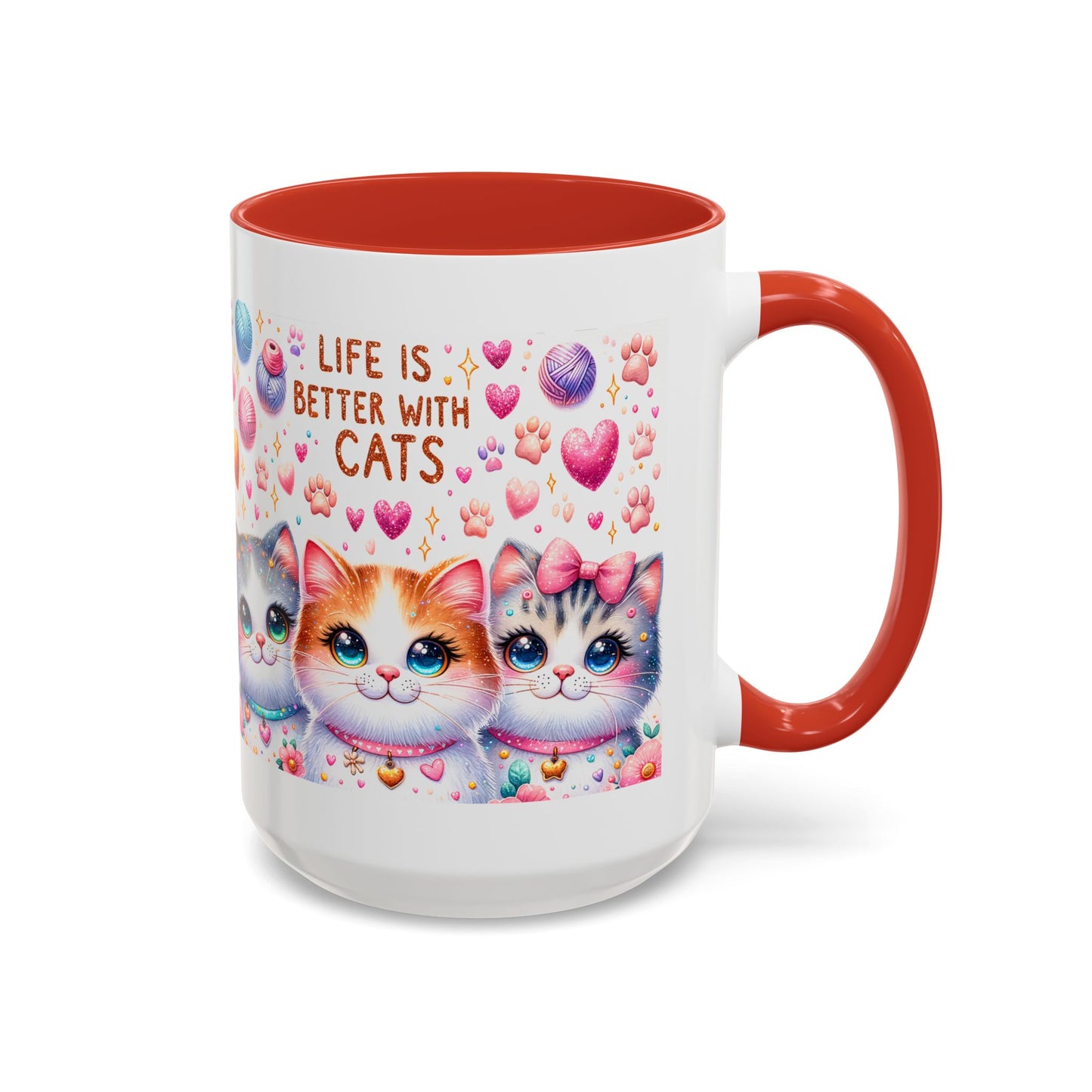 Cat Lover Accent Coffee Mug — "Life Is Better With Cats" Cute Kittens Design (11/15oz)