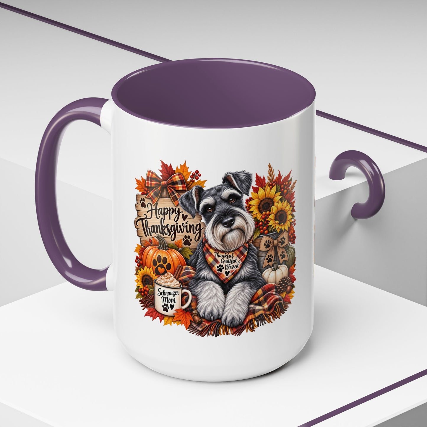 Thanksgiving Schnauzer Coffee Mug — 'Happy Thanksgiving' Autumn Dog Mug (11/15oz)